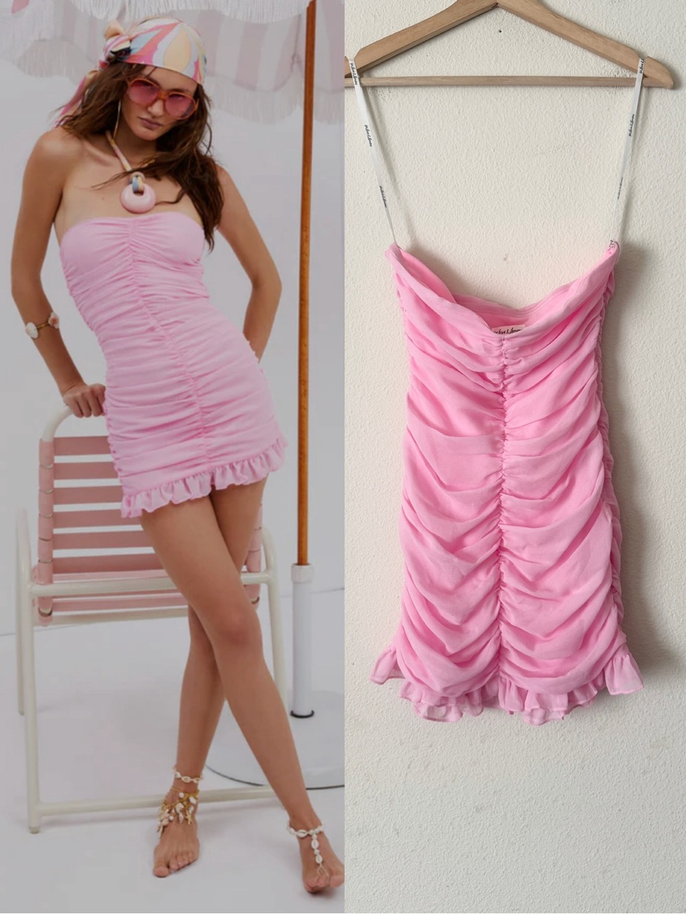 For Love & Lemons XS Bailey chiffon ruched strapless mini dress in pink